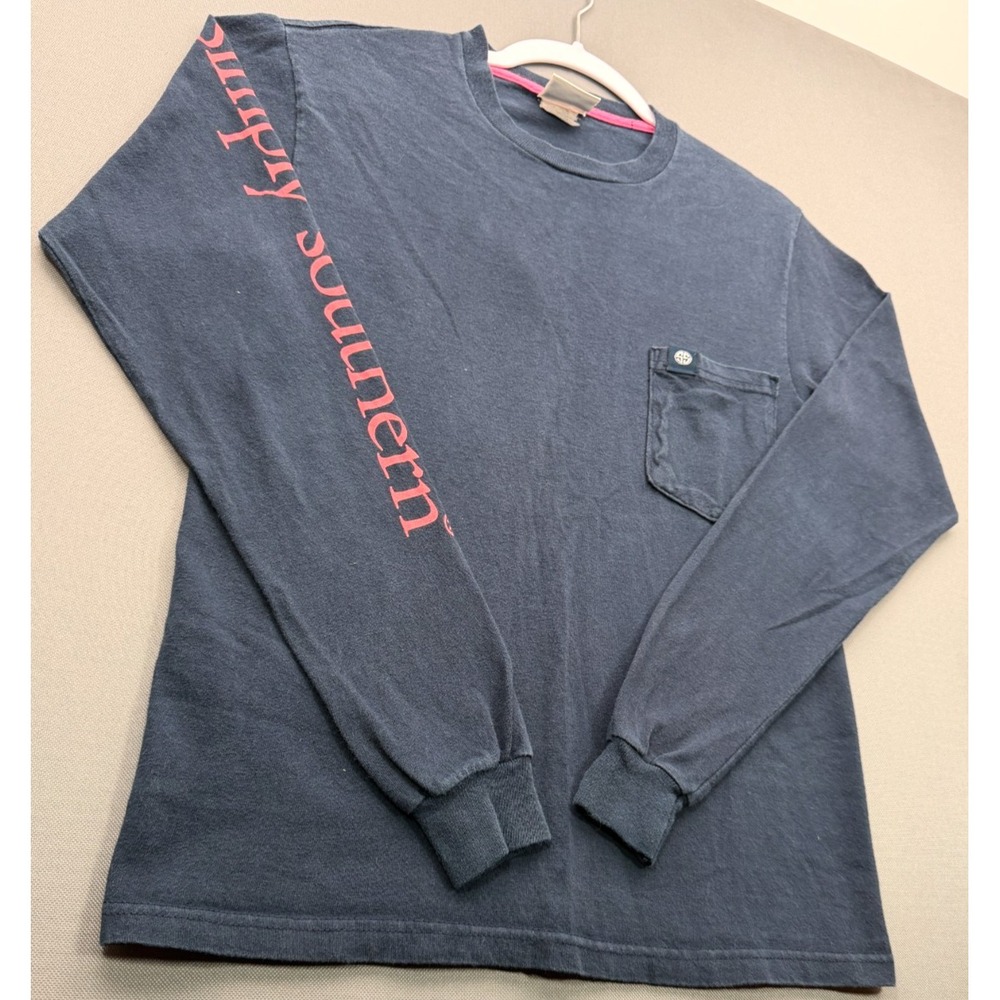 Simply Southern Gingham Box Logo Long Sleeve Pocket T-Shirt Navy Pink | Womens S